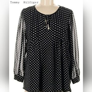 Tommy Hilfiger Black & White Polka Dot Tie-Front Blouse 3/4 Sleeve Women’s Top